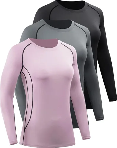 Vista 8 de CADMUS Paquete de 1 o 3 camisetas de entrenamiento de manga larga para mujer, camiseta de compresión de ajuste seco para correr