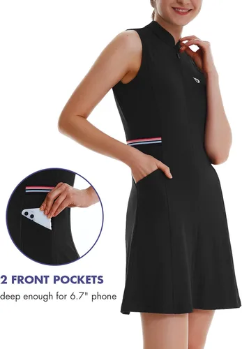 Vista 5 de BALEAF Vestido de tenis de golf para mujer sin mangas 4 bolsillos con pantalones cortos interiores UPF 50 entrenamiento deportivo deportivo