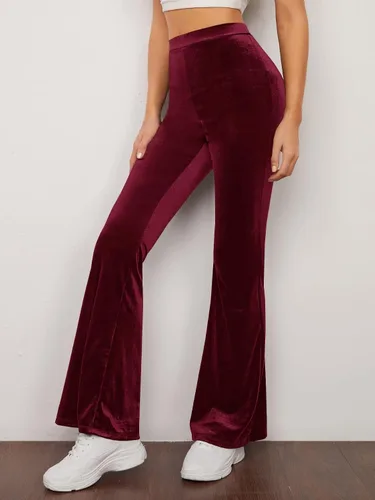 Vista 4 de Floerns Pantalones largos de terciopelo con pierna acampanada y cintura alta para mujer
