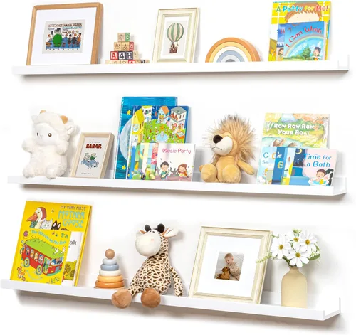 Vista 64 de FLYJOE Estante de repisa de fotos para pared, 24 pulgadas de madera de fresno maciza, estantes para libros de guardería, estantes flotantes