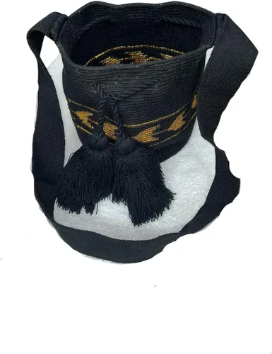Vista 2 de Mochila Colombiana Auténtica WAYUU Hecho a Mano Cruz Body Bag Finest Pequeño NegroOro Nuevo, NegroOro, Bolso hecho a mano Wayuu
