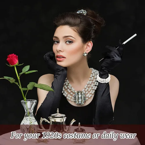 Vista 4 de Hicarer Pulsera de perlas de imitación de 3 filas de perlas elásticas multicapa para Halloween, cosplay, 1920, disfraz elástico de los años 20