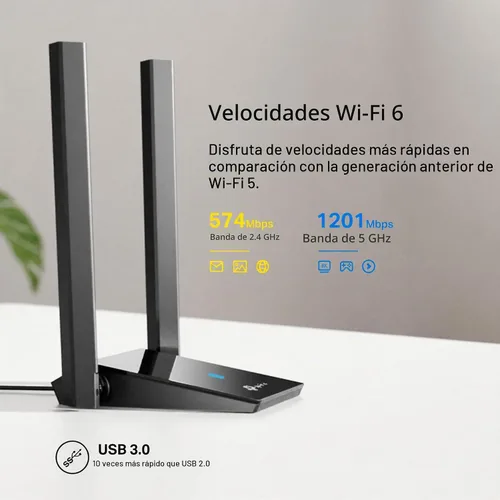 Vista 3 de TP-Link Adaptador USB WiFi 6 para PC de escritorio, antena WiFi de doble Negro