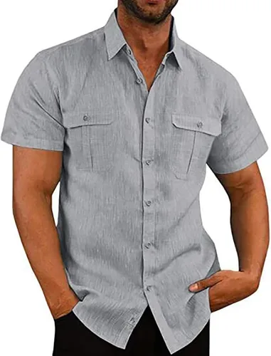 Vista 7 de Men's Cuban Guayabera Linen Shirts Solid Color Casual Short Sleeve Button Down Shirt Summer Beach Tops with Pockets