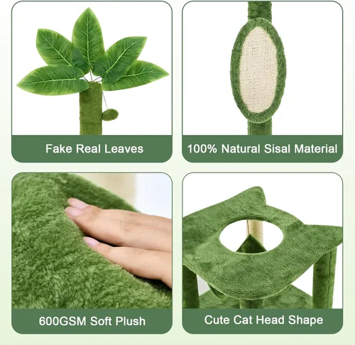 Vista 7 de Árbol para gatos de 61 pulgadas con hojas verdes, torre grande de varios niveles con hamaca, casa de felpa para gatos con juguete de bola colgante