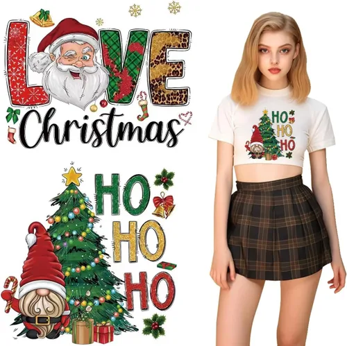 Vista 17 de Calcomanías de transferencia para ropa 2024 con texto en inglés «Merry Christmas» – Decoración navideña para planchar en el coche, gnomo de Papá