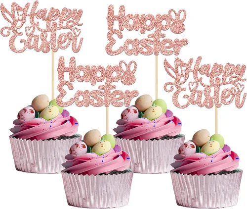 Vista 11 de Gyufise Paquete de 24 adornos azules con purpurina para cupcakes de Pascua con orejas de conejo de Pascua, decoraciones para fiesta de Pascua