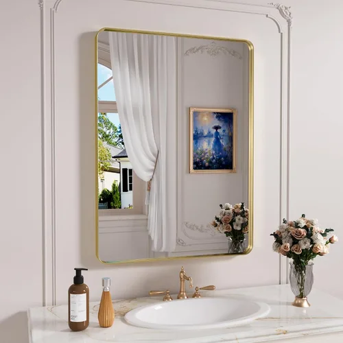 Vista 67 de JISOSO - Espejo de baño negro de 20x30 pulgadas con marco de metal negro, espejo de tocador rectangular redondeado con acabado mate para pared
