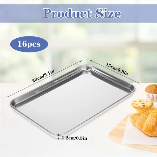 Vista 2 de 16 bandejas para hornear de acero inoxidable, bandejas de metal pequeñas, bandejas rectangulares profesionales para horno, horno y tostadora