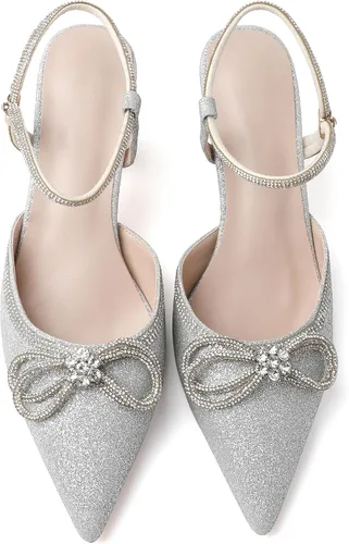 Vista 3 de Tacones de lazo con diamantes de imitación para mujer, tacón bajo puntiagudo, correa de tobillo ajustable, zapatos de fiesta nupcial para boda