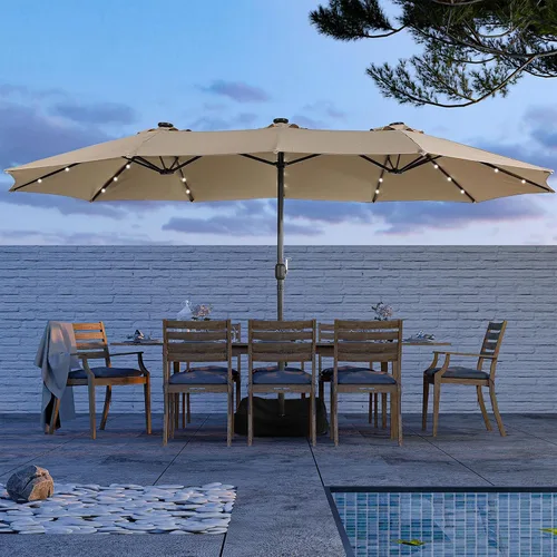 Vista 10 de MONDAWE Paraguas de patio de 15 pies con luces solares (base incluida) sombrilla grande de doble cara de aluminio rectangular de aluminio para mesa