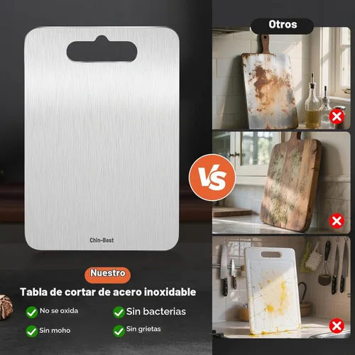 Vista 3 de Tabla de cortar, tabla de cortar de acero inoxidable para cocina, carne, frutas, verduras, S 11.5 x 8 pulgadas