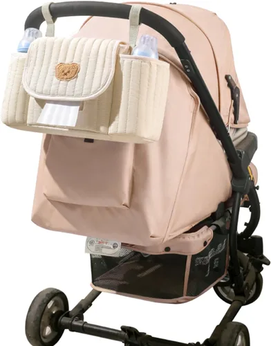 Vista 5 de Teddy Bear - Organizador acolchado para cochecito de bebé, con soporte para botellas y compartimentos de almacenamiento (azul)
