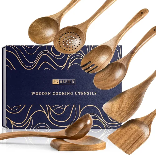 Vista 8 de cucharas de madera para cocinar, juego de utensilios de cocina antiadherentes con 10 piezas de espátulas y cucharas de madera de acacia