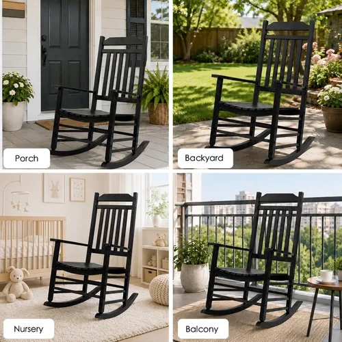 Vista 7 de Kozyard Mecedora de madera, silla mecedora de madera maciza para exteriores con respaldo alto y asiento de listones, mecedora ergonómica