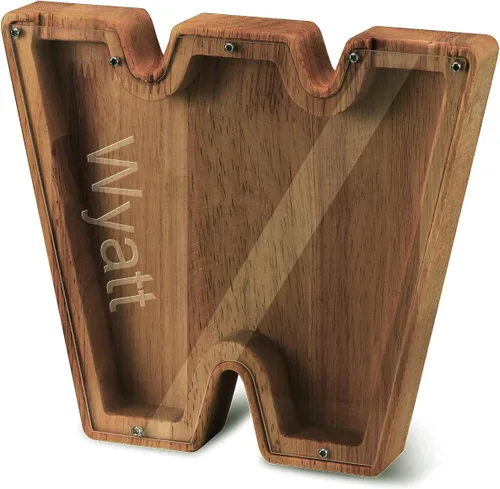 Vista 41 de Alcancía con nombre personalizado, 26 letras láser con texto personalizado, banco de monedas de madera, significado educativo, alcancía con nombre