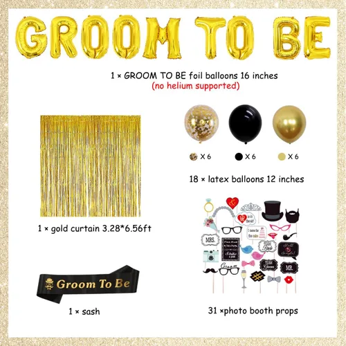 Vista 5 de Decoraciones de soltero para hombres – Banda de novio, globos y accesorios para fotos – Negro y dorado – Ducha de novio y suministros de fiesta