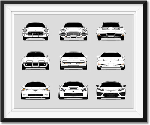 Vista 3 de Custom Car Posters Handmade Poster compatible with Chevy Corvette Generations and Print of Chevrolet Corvette (C1 C2 C3 C4 C5 C6 C7 C8) (Landscape)