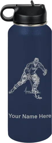Vista 66 de LaserGram Botella de agua personalizada, jugador de hockey, acero inoxidable de doble pared aislada al vacío con popote superior, regalo grabado