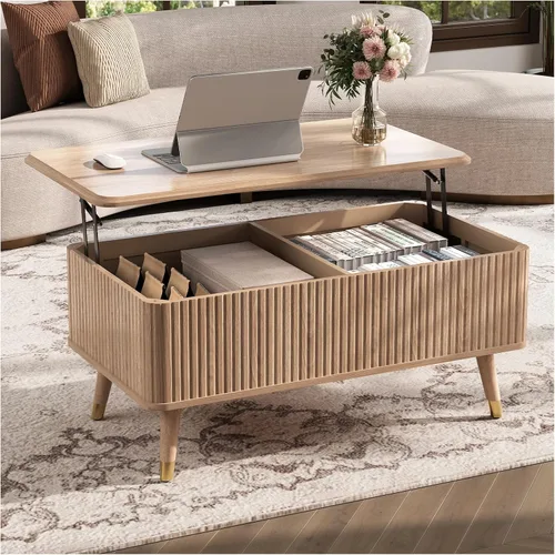 Vista 13 de SULIVES Mesa auxiliar ovalada con almacenamiento, mesa de centro multifuncional con tambor elevable, pequeña mesa central acanalada para sala