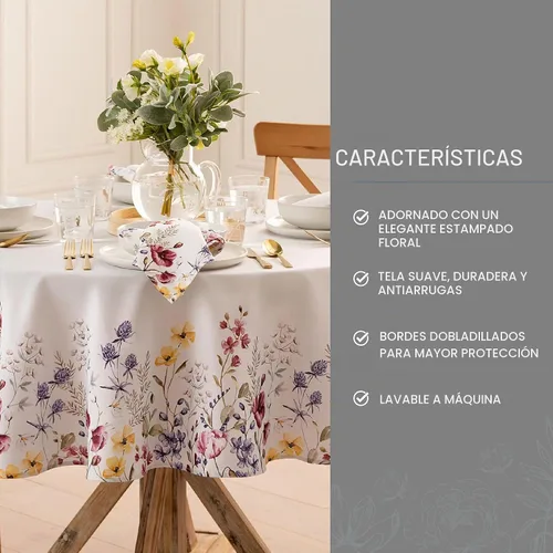 Vista 3 de Elrene Home Fashions Mantel de tela con borde botánico de flores silvestres de amapola, redondo, 70 x 70 pulgadas