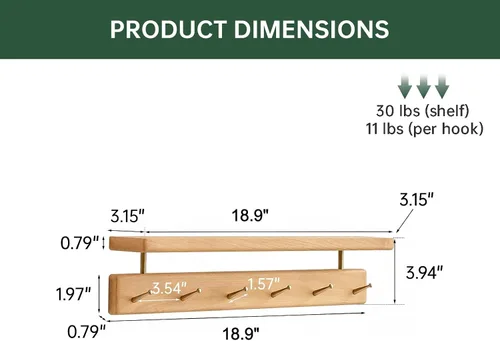 Vista 5 de Solid Wood Wall Hooks with Shelf, Coat Rack Wall Mount, Entryway Hanging Shelf with 6 Brass Hooks for Hats, Clothes, Towels, Bags, Beech Wood