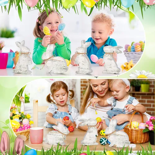 Vista 4 de Bememo 6 piezas de decoración de mesa de Pascua de conejo blanco, letreros de madera para centro de mesa, bandeja escalonada de Pascua, decoración
