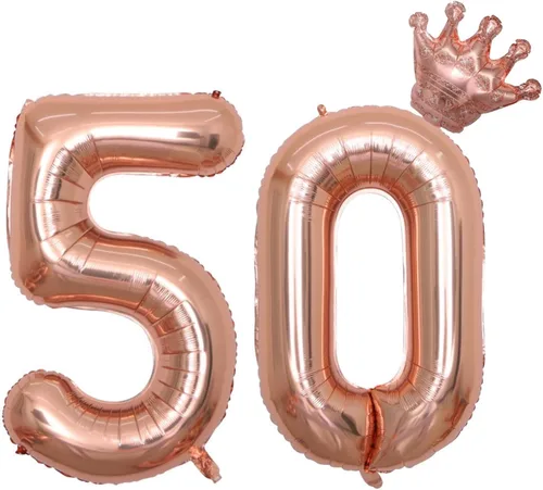 Vista 10 de Globos rosa claro del número 50 de 40 pulgadas con corona, globo de cumpleaños 50 para mujeres, decoraciones de cumpleaños 50, globos de decoración