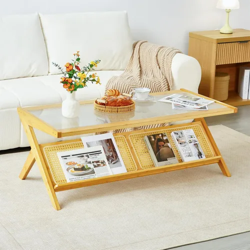 Vista 10 de Mesa de centro de bambú, mesa de centro de ratán con parte superior de vidrio, mesas centrales de madera de mediados de siglo, mesas de té laterales