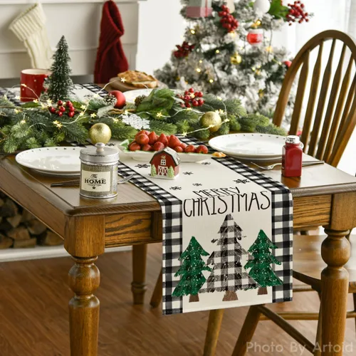 Vista 2 de Artoid Mode Camino de mesa de Navidad de búfalo blanco y negro, pinos, Navidad, Navidad, cocina, comedor, decoración para decoración de fiesta