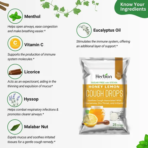 Vista 2 de Herbion Naturals Gotas para la tos con sabor a miel y limón, sin azúcar con stevia, suplemento dietético, alivia la tos, para adultos y niños