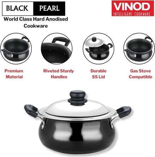 Vista 5 de Vinod Handi anodizado duro – Tapa de acero inoxidable – Tamaño pequeño – 3.8 litros (4 cuartos de galón) – Adecuado para Biryani, Pulao, Salsas