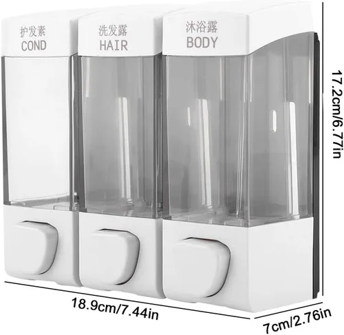Vista 5 de Oumefar Dispensador de 3 cámaras y ducha montado en la pared, loción líquida, dispensador de champú manual, dispensador de ducha, 3 cámaras, sin