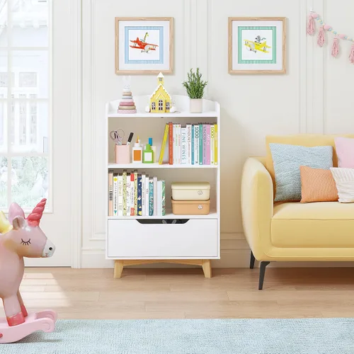 Vista 4 de UTEX Estantería para niños, libreros para niños con almacenamiento y cajón, organizador de almacenamiento de juguetes para niños de madera para sala