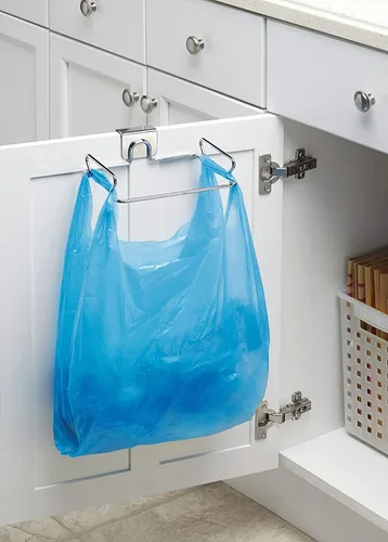 Vista 3 de Bolsa de basura colgante, estante de almacenamiento de acero inoxidable, soporte para bolsas de basura de toalla y guantes para armario de cocina
