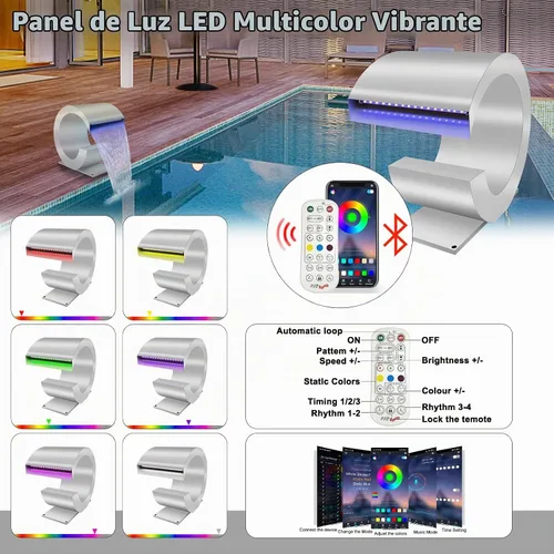 Vista 3 de LONGRUN Fuente de piscina de acero inoxidable en forma de J, con control de RF y aplicación, kit de cascadas para estanques al aire libre