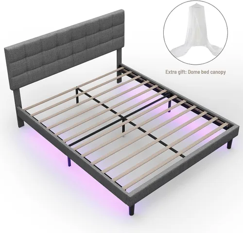 Vista 7 de Base de cama moderna de plataforma tapizada de tamaño Queen, marco de cama de lino con luces, cabecera ajustable con costuras cuadradas, sistema