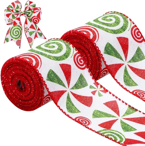 Vista 10 de Berlune 2 rollos de cinta de Navidad con borde de alambre de menta caramelo de 2.5 pulgadas de ancho, cinta de arpillera para manualidades, coronas