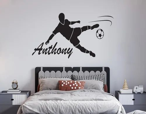 Vista 3 de Calcomanía de pared de jugador de fútbol con nombre personalizado, calcomanía de pared para decoración del hogar y guardería