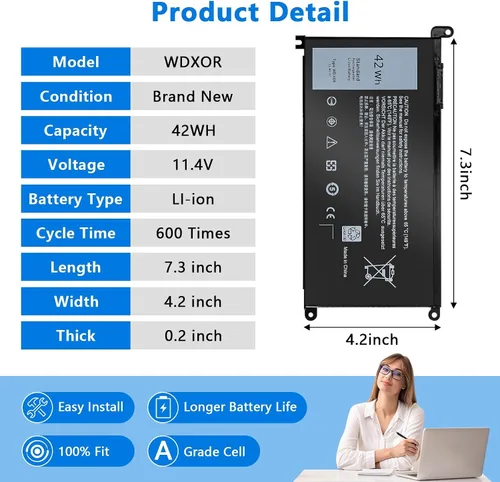 Vista 4 de WDX0R - Batería para portátil compatible con Dell Inspiron 13, 14, 15, 7000, 5000, Series 5379, 5567, 5570, 5579, 7378, 7573, 7579, Latitude 3500