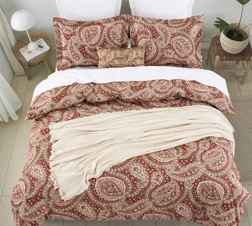 Vista 7 de DAUAOTO Juego de funda de edredón tamaño completo 82"X86" + 2 fundas de almohada, ropa de cama de algodón floral paisley rojo dorado, cierre
