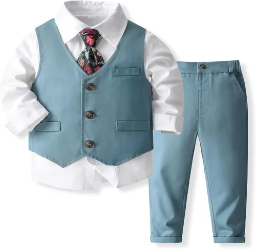 Vista 8 de Kimocat Ropa para bebé niño, traje de caballero esmoquin de manga larga con chaleco, traje de boda, traje de fiesta de cumpleaños Azul 3