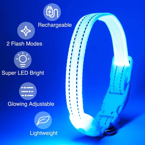 Vista 2 de Collar de Perro Iluminado para la Noche, Collar de Perro LED Ajustable, Recargable Impermeable, Luces de Perro para Caminar por la Noche, Brilla
