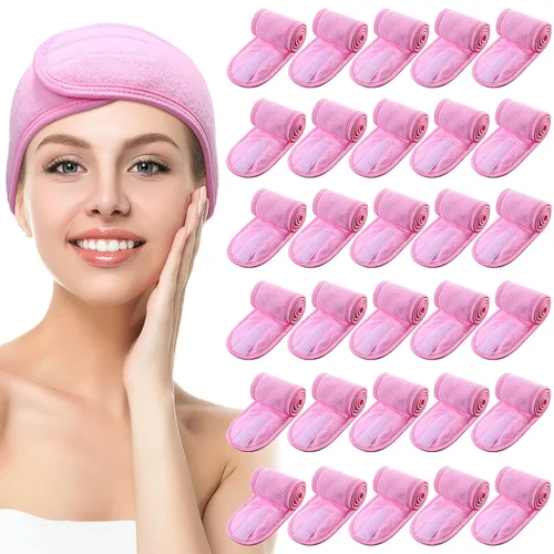 Vista 14 de Hoteam Paquete de 30 diademas de spa, esteticista facial para mujeres, ajustable, maquillaje, deportes, ducha, toalla elástica con cinta (negro)
