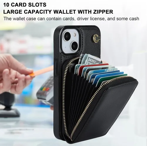 Vista 3 de KIHUWEY - Funda tipo cartera cruzada para iPhone 14/13, color negro Funda protectora duradera de piel sintética, bloqueo RFID con bolsillo