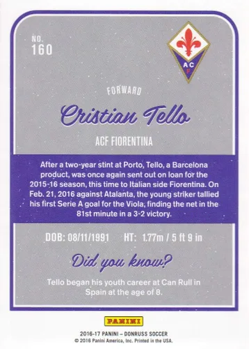 Vista 2 de 2016 Donruss Soccer #160 Cristian Tello ACF Fiorentina