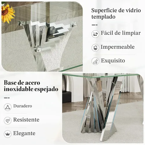 Vista 5 de Mesa de comedor de cristal, mesa de cocina rectangular plateada de Plateado