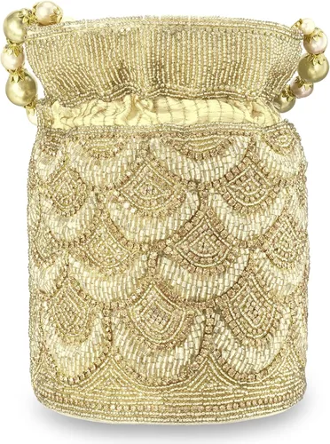 Vista 5 de Aheli Gold Potli - Bolsas de noche para mujer, bolso de mano étnico con cordón (P70G), Oro