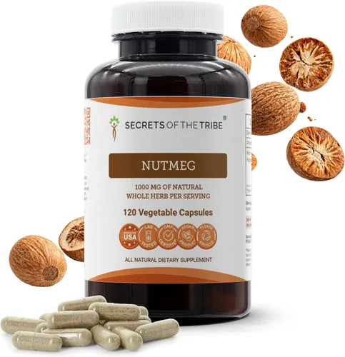 Vista 6 de Secrets of the Tribe Nuez moscada 60 cápsulas, 1000 mg, Nuez moscada (Rou Dou Kou, Myristica Fragrans) Nuez seca (60 Cápsulas)