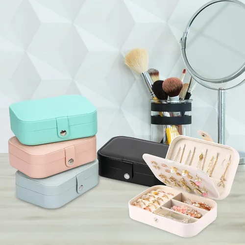 Vista 5 de Joyero de viaje, organizador de joyas pequeño de piel sintética para mujeres y niñas, mini estuche de viaje portátil de doble capa para guardar
